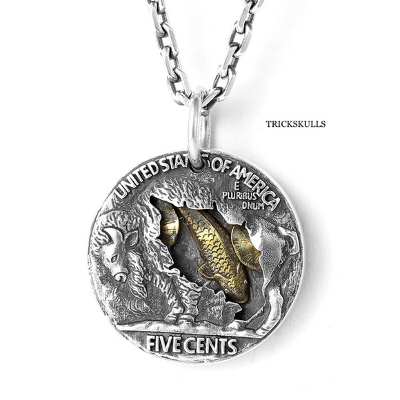Buffalo Koi Skull Head Coin Charm Pendant Necklace Modern Vintage Streetwear NEW - Picture 2 of 11